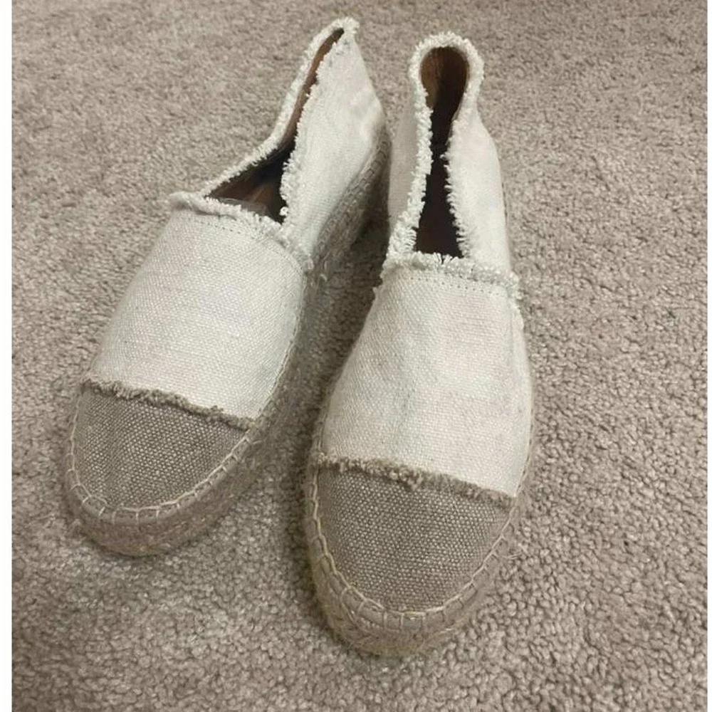 Patricia Green Womens Espadrille Flats Cream Beige Frayed Canvas Slip On Size 10